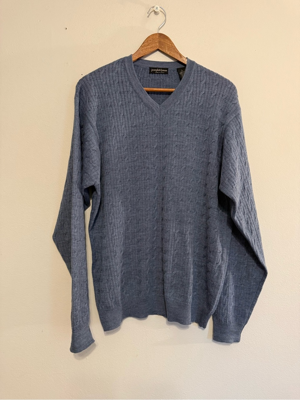 Joseph & Lyman Men's Merino Wool Cable-Knit Sweater Size L Blue Pullover Italy